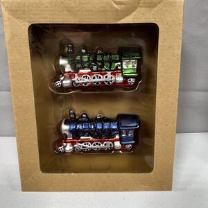 Antique Hand Blown Glass Christmas Ornament Green Blue Train Locomotive NICE!